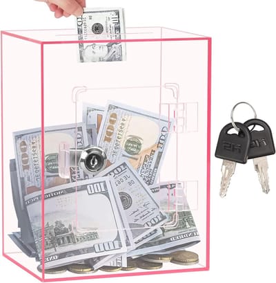 Transparante Spaarbox voor Volwassenen en Kinderen, 15x12x20cm Acryl Spaarpot met Slot, Ideaal voor Budgetteren en Sparen van Munten en Contant Geld (Roze)
