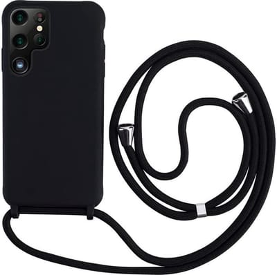 Casemania Hoesje Geschikt voor Samsung Galaxy S23 Ultra - Zwart - Siliconen Back Cover met Koord - Telefoonhoesje met Koord - Crossbody Lanyard Cord Case