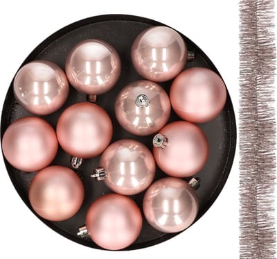 Decoris kerstballen en slinger 13x stuks - lichtroze - kunststof