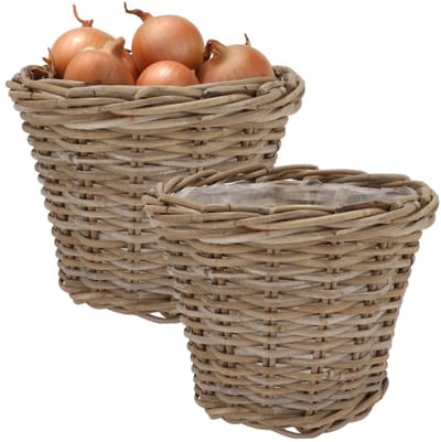 DK Design Plantenmand/aardappelmand tafelmodel - 2x - Ivy - met handvatten - rotan - B23 x H20 cm - binnen/buiten