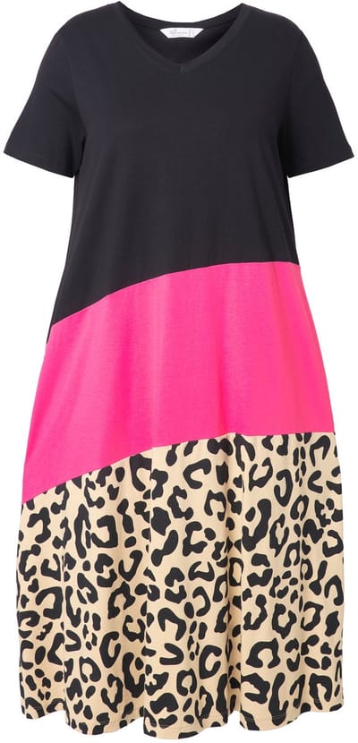 MIAMODA - Dames - Jurk A-lijn colorblocking met dierenprint - Zwart - Maat 50