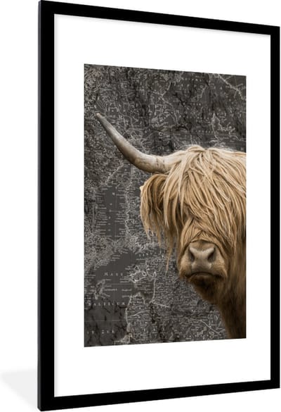 Poster in lijst - Fotolijst 80x120 cm - Posters - Schotse hooglander - Koeien - Wereldkaart - Posterlijst zwart - Decoratie - Wanddecoratie woonkamer - Muurdecoratie slaapkamer