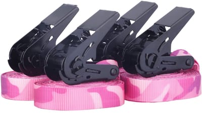 Set van 4 spanbanden met ratel, roze-camouflage, sjorbanden, belastbaar tot 900 kg, volgens DIN EN 12195-2, lengte 4 m, breedte 25 mm, hoogwaardige eendelige sjorriemen/sjorbandenset