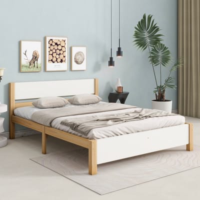 DESMIU Houten Bed 140x200 cm – Tweepersoonsbed Met Hoofd- en Voetbord – Stabiele Middenpoten en Lattenbodem – Slaapkamer – Massief Hout en MDF – Wit en Naturel – Zonder Matras
