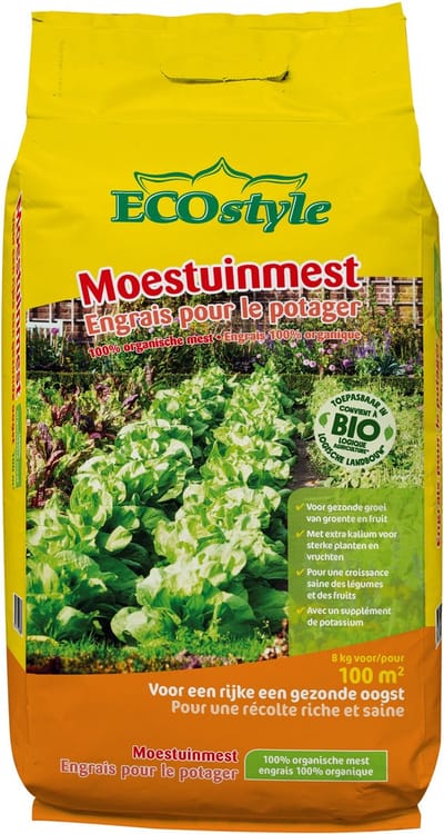 ECOStyle Moestuinmest voor Eetbare Gewassen - voor Fruit en Moestuin - Rijk aan Kalium - 120 Dagen Voeding - 80 M² - 8 KG