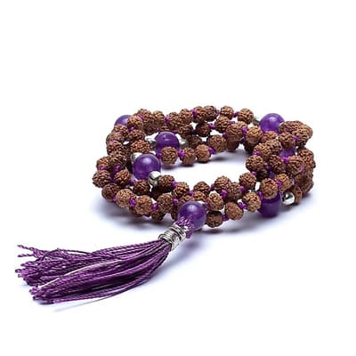 Yogi & Yogini naturals Mala Rudraksha en amethist met paarse kwast (5 mm) + tasje
