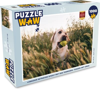 Puzzel Labrador Retriever speelt met een tennisbal tussen het gras - Legpuzzel - Puzzel 1000 stukjes volwassenen