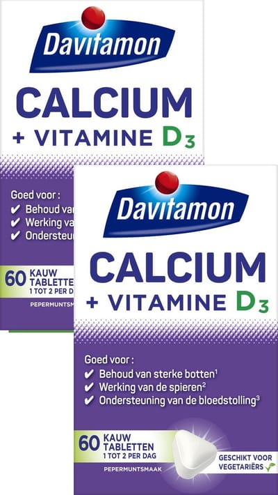 Davitamon Calcium met vitamine D3 - Pepermuntsmaak - Calcium voor behoud van sterke botten - Voedingssupplement - 2 x 60 stuks - BUNDEL