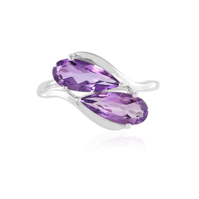 Cavill - Zilveren Ring 925 Sterling Zilver - Uruguay Amethist 3,552 Ct - Peervormig Briljant Geslepen - Platina Geplateerd - Elegante Damesring Paars