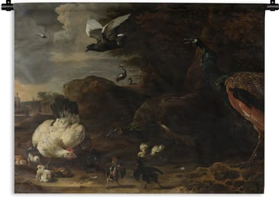 Wandkleed Melchior d'Hondecoeter - Een hen met kuikens bedreigd door twee pauwen - Schilderij van Melchior d'Hondecoeter Wandkleed katoen 150x112 cm - Wandtapijt met foto