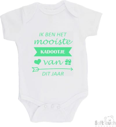 100% katoenen Romper "Ik ben het mooiste kadootje van dit jaar" Unisex Katoen Wit/mint Maat 62/68