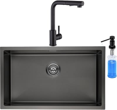 CECIPA max Spoelbak Keuken 40x45CM - Spoelbak Keuken Met Keukenkraan en Zeepdispenser 300ML - Geborstelde Spoelbakken Keuken - Spoelbak Met Waterafvoersysteem - Antraciet