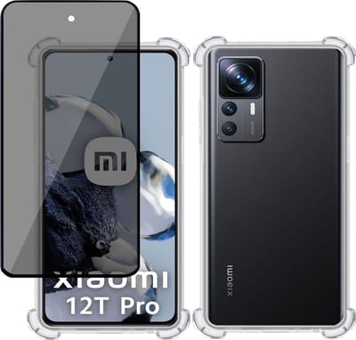 Hoesje + Privé Screenprotector geschikt voor Xiaomi 12T Pro – Privacy Tempered Glass - Case Transparant