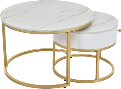 Ronde Salontafel Set van 2 - Nesting Salontafel met Hoogglans Marmerlook - Ruimtebesparend - Woonkamer - Wit