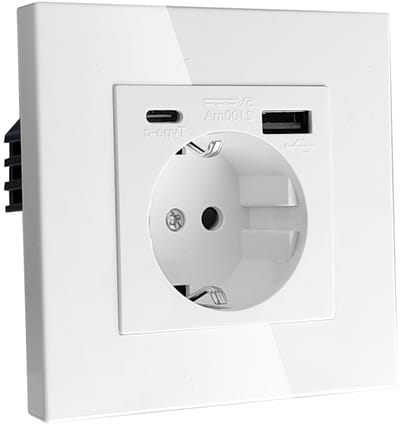 Thijox - 86 mm Wit Wandcontactdoos Schuko-stopcontact met USB (max. 2,1 A, 220 V), Type C - 3-in-1 Inbouwwandcontactdoos voor Thuis, Kantoor, Mobiele