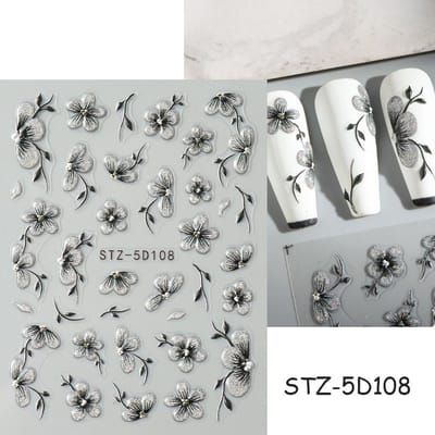 5D Zwarte Glitter Nagelstickers Aquarel Bloeiende Nagel Manicure Lente Bloemen Zelfklevende Transfer Decals Slider Nail Art Decor STZ-5D108 gray