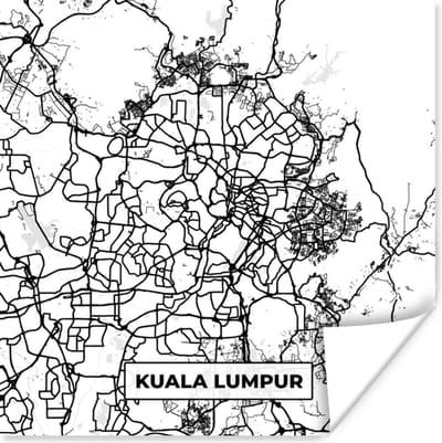 Poster Kaart - Kuala Lumpur - Stadskaart - Plattegrond - Zwart Wit - 100x100 cm XXL