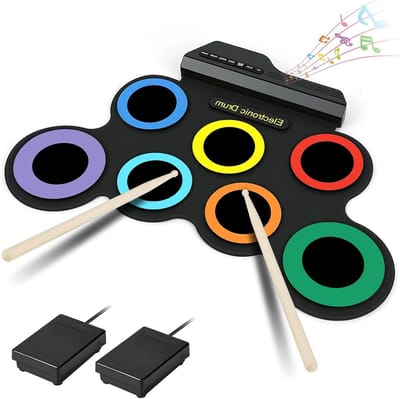 Elektronische Rol Drum Kit met 7 Pads, Vouwbare Set met Hoofdtelefoonaansluiting, Luidspreker, Houten Stokken en Pedalen voor Beginners en Kinderen