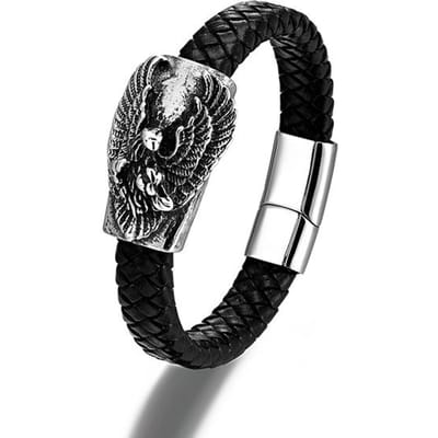 Bracelet en cuir pour homme cool avec tête d'aigle et bracelet simple en acier inoxydable tissé cadeau 19cm gray