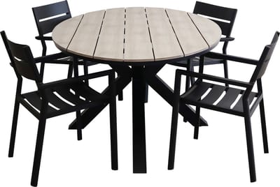 5-delige tuinset | 4 Delia stapelbare tuinstoelen (Black) | 180cm ovale Cyprus tuintafel (Wood)