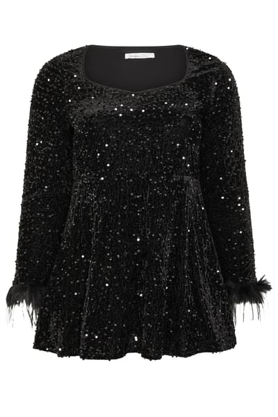 Yours London Curve Top Van Fluweel Met Pailletten En Bontrand In Zwart Size 42