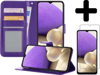 Hoesje - Met Screenprotector - Geschikt voor Samsung Galaxy A32 5G - Luxe Pasjeshouder - Bookcase Portemonee - Flip Case - Kunstleer Book Case - Flipcase - Book Cover - Walletcase - Portemonneehoes - Telefoonhoesjes - Paars