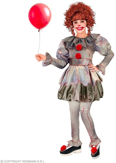 Widmann - Moordende Clown Wijze Penny - Meisje - Rood, Grijs - Maat 128 - Carnavalskleding - Verkleedkleding