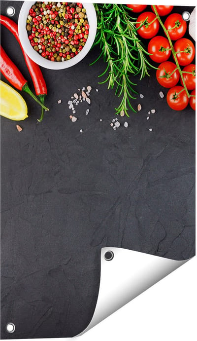 Gards Tuinposter Kruiden met Groenten op een Zwarte Plaat - 40x60 cm - Tuindoek - Tuindecoratie - Wanddecoratie buiten - Tuinschilderij