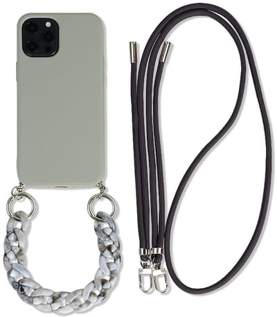 Telefoonhoesje met Koord en Polsband – Geschikt voor Apple iPhone 15 – Siliconen Case met Draagkoord – Grijs