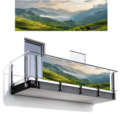 Balkonscherm 300x100 cm - Balkonposter Rijstvelden - Bergen - Groen - Natuur - Balkon scherm decoratie - Balkonschermen - Balkondoek zonnescherm