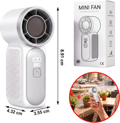 Best Active Mini Handventilator - Oplaadbare Pocket Fan met Digitaal Display - Kleine Draagbare Ventilator USB-C - 100 Standen - Tasformaat - 8,91 x 3,55 x 4,32 cm - Voor Thuis, Kantoor & Onderweg - Wit
