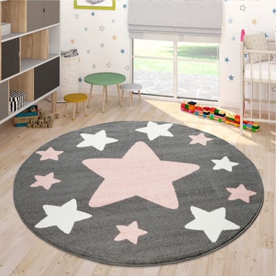 Paco Home Vloerkleed Kinderkamer Kindervloerkleed Grote En Kleine Sterren In Grijs Roze Ø 200 cm Rund