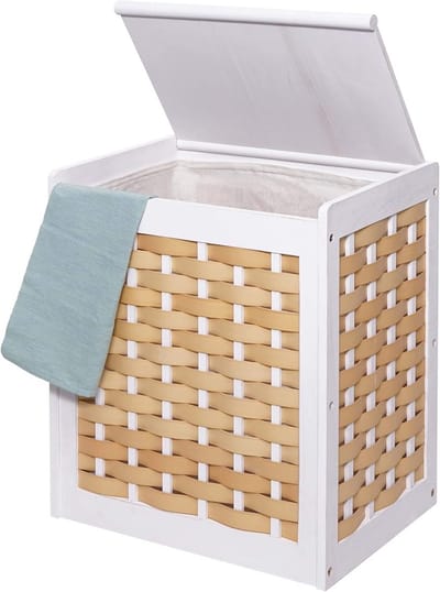 Houten wasmand wit met vlechtwerk en uitneembare waszak