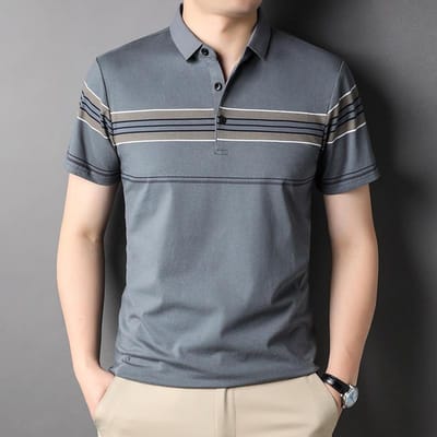Zomer Heren Gestreept Poloshirt Nieuw Kort Mouw Heren Losse Dunne Heren Revers Top 3XL gray