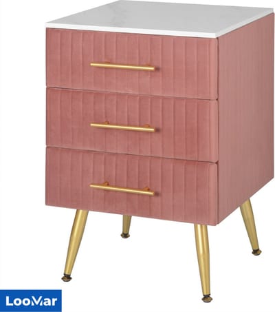 LooMar Luxe Nachtkastje - Bijzetkast - voor slaapkamer - roze - Met Drie Lades - Gouden Details