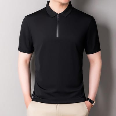 Kortemouw T-shirt Heren POLO Shirt Eenvoudig T-shirt Zomer Revers Halve mouw Rits Top Dun T-shirt voor Heren 3XL black