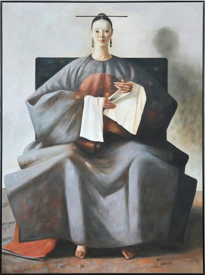 Fine Asianliving Olieverf Schilderij 100% Handgeschilderd 3D met Reliëf Effect en Zwarte Omlijsting B120xH160cm Chinese Vrouw