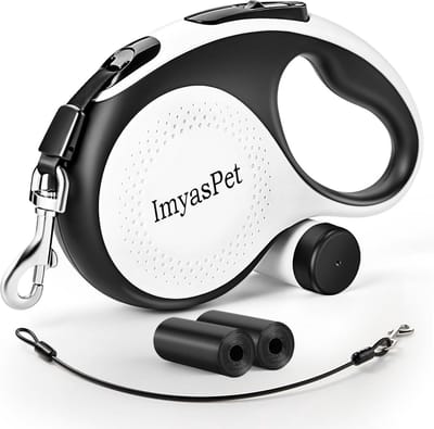 Intrekbare Hondenriem 26 Meter met Kauwbestendige Kabel en Poepzakdispenser - Robuust Ontwerp voor Middelgrote en Grote Honden tot 110 lbs - Ergonomische Handgreep en One-Touch Vergrendeling - Wit - Groot