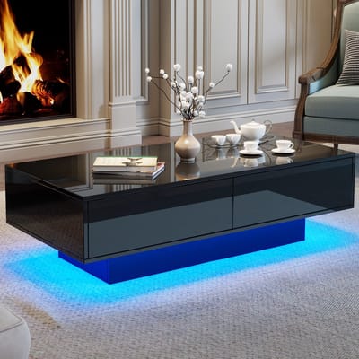 DESMIU Salontafel Met Hoogglans Afwerking En Ledverlichting Voor Woonkamer Opbergmeubel Met 2 Lades Zwart 115 X 55 X 34 Cm