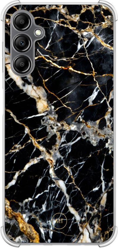 Hoesje (shockproof) geschikt voor Samsung Galaxy A14 5G - Black marble elegance - Extra sterke case - TPU/polycarbonaat - Marmer - Zwart, Transparant