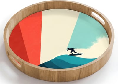 Dienblad rond 40x40 cm - Schootdienblad hout - Surfer - Abstract - Golven - Zonnestralen - Borrelplank rechthoek - Plateau houten dienbladen