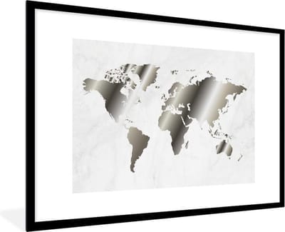 Fotolijst incl. Poster Zwart Wit- Wereldkaart - Zwart Wit - Marmer - 120x80 cm - Posterlijst