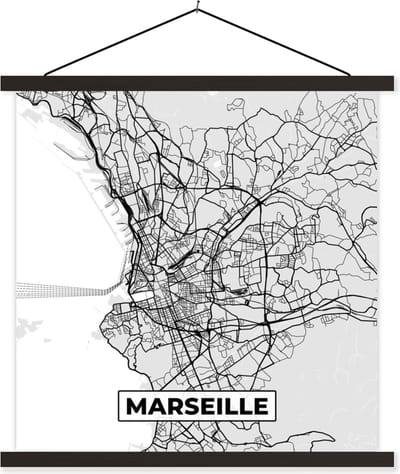 Posterhanger incl. Poster 60x60 cm - Schoolplaat - Plattegrond - Marseille - Stadskaart - Kaart - Frankrijk - Textielposter - Zwarte latten - Stadskaart