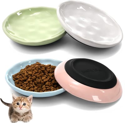 longziming - Keramische Kattenvoerbak Set Van 4 - Kattenbakje - Anti Snorharen Vermoeidheid - Katten Natvoer Schaaltjes - Met Antislip Siliconen Bodem - Stapelbaar en Eenvoudig te Reinigen - Voor Katten En Kleine Huisdieren