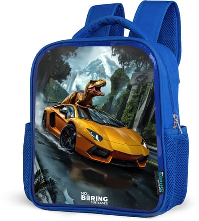 NoBoringSuitcases.com® - Rugzak blauw - Schooltas jongens - T-Rex op oranje sportauto in regenachtig woud - Kinder rugtas jongen - Boekentas kind - Kinderrugzak voor school - Schoolrugzak