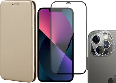 Hoesje geschikt voor iPhone 13 Pro - Portemonnee Book Case - Goud - Met Full Screenprotector en Camera Screen Protector