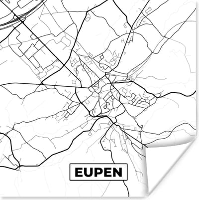 Poster Kaart – Plattegrond – Stadskaart – Eupen – België – Zwart Wit - 100x100 cm XXL