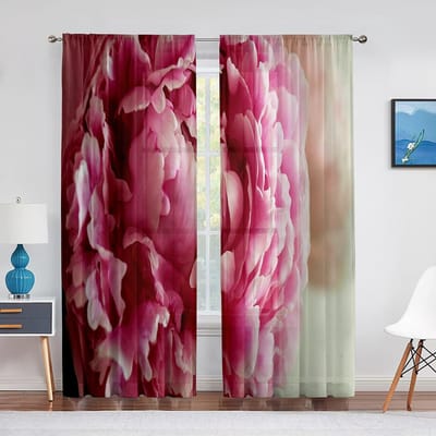 Roze Pioen Bloemen Lente Aquarel Transparante Voile Gordijnen voor Woonkamer Slaapkamer Keuken Raamgordijnen Chiffon Tule Gordijnen 1 PCS W100XH250cm&Grommet Top