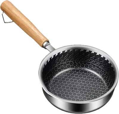 Roestvrijstalen pan - Kleine koekenpan - Ontbijt bereiden - Houten handvat - 15.5 cm diameter - Zilverkleurig