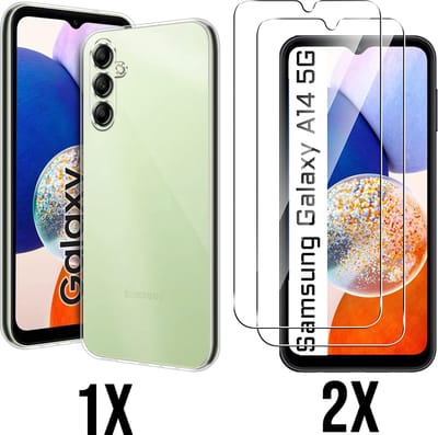 Casemania Hoesje Geschikt voor Samsung Galaxy A14 - Transparant + 2X Glazen Screenprotector - Siliconen Back Cover